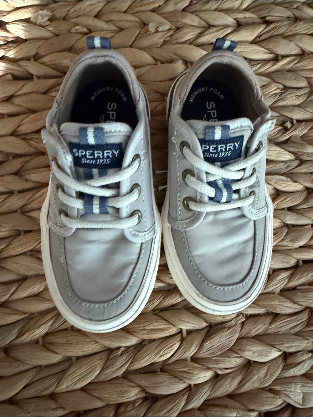 Sperry Kids Light Gray and Navy Stripe Boat Sneakers